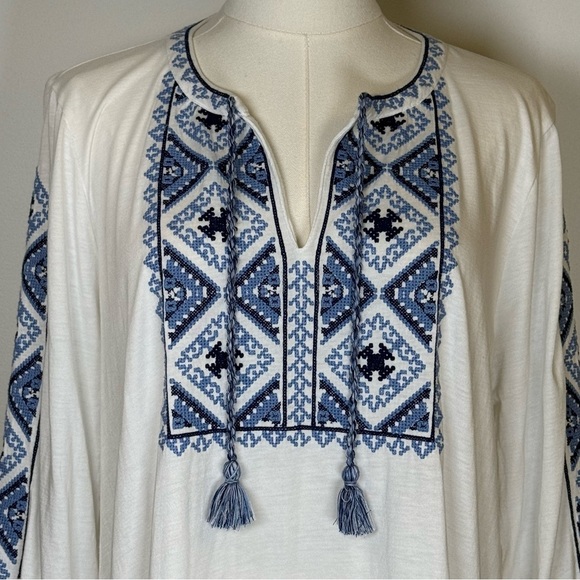 J.Jill Embroidered Knit Peasant Boho Top 3/4 Sleeves Cotton Women’s Size Medium - Picture 5 of 8